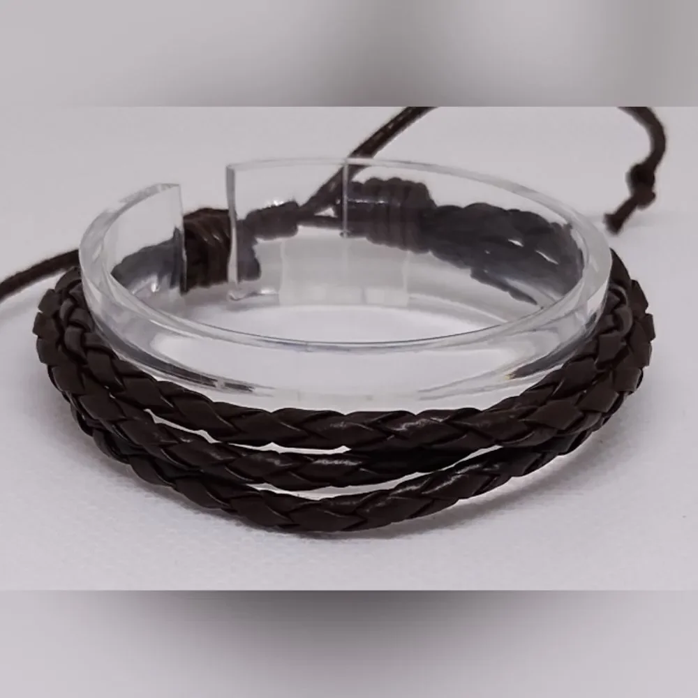 Men's leather bracelet layered braided‎ brown new e35